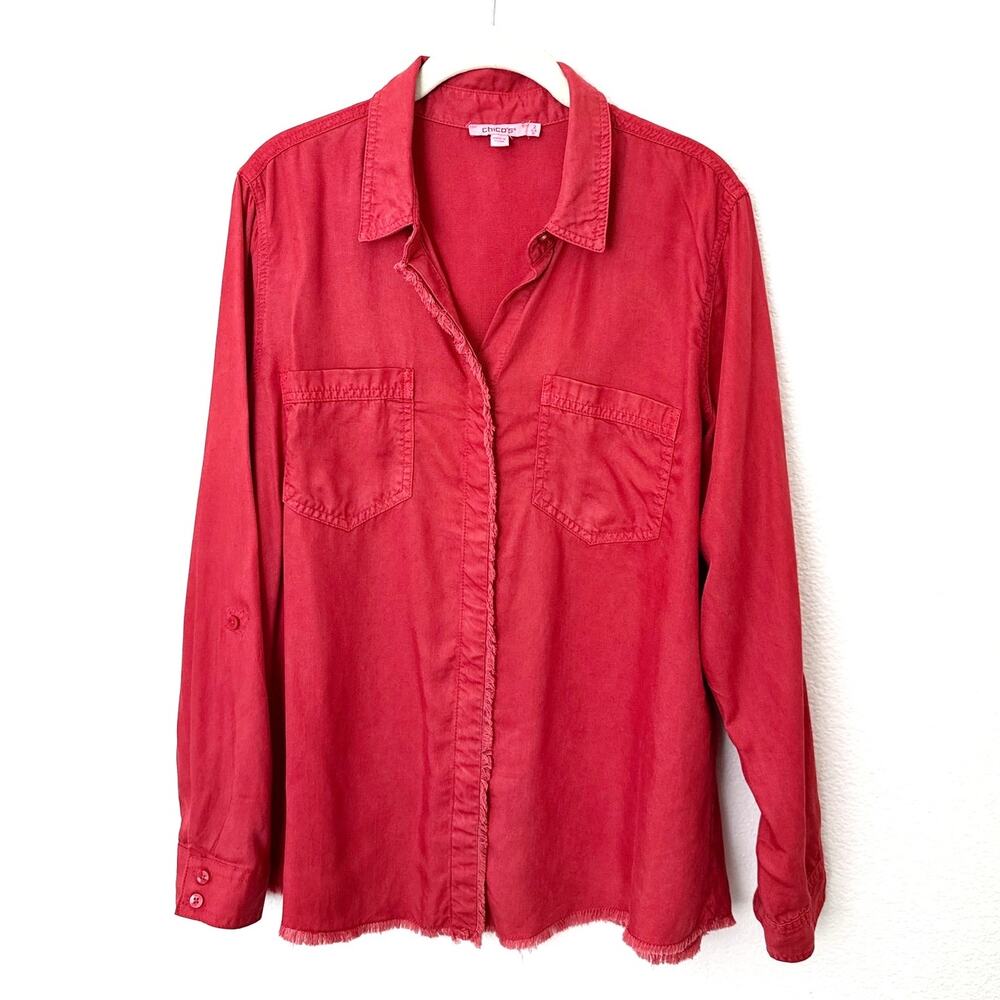 [Chico's] Coral Rose Frayed Hem Tencel Denim Button Down Shirt Casual Sz Large L